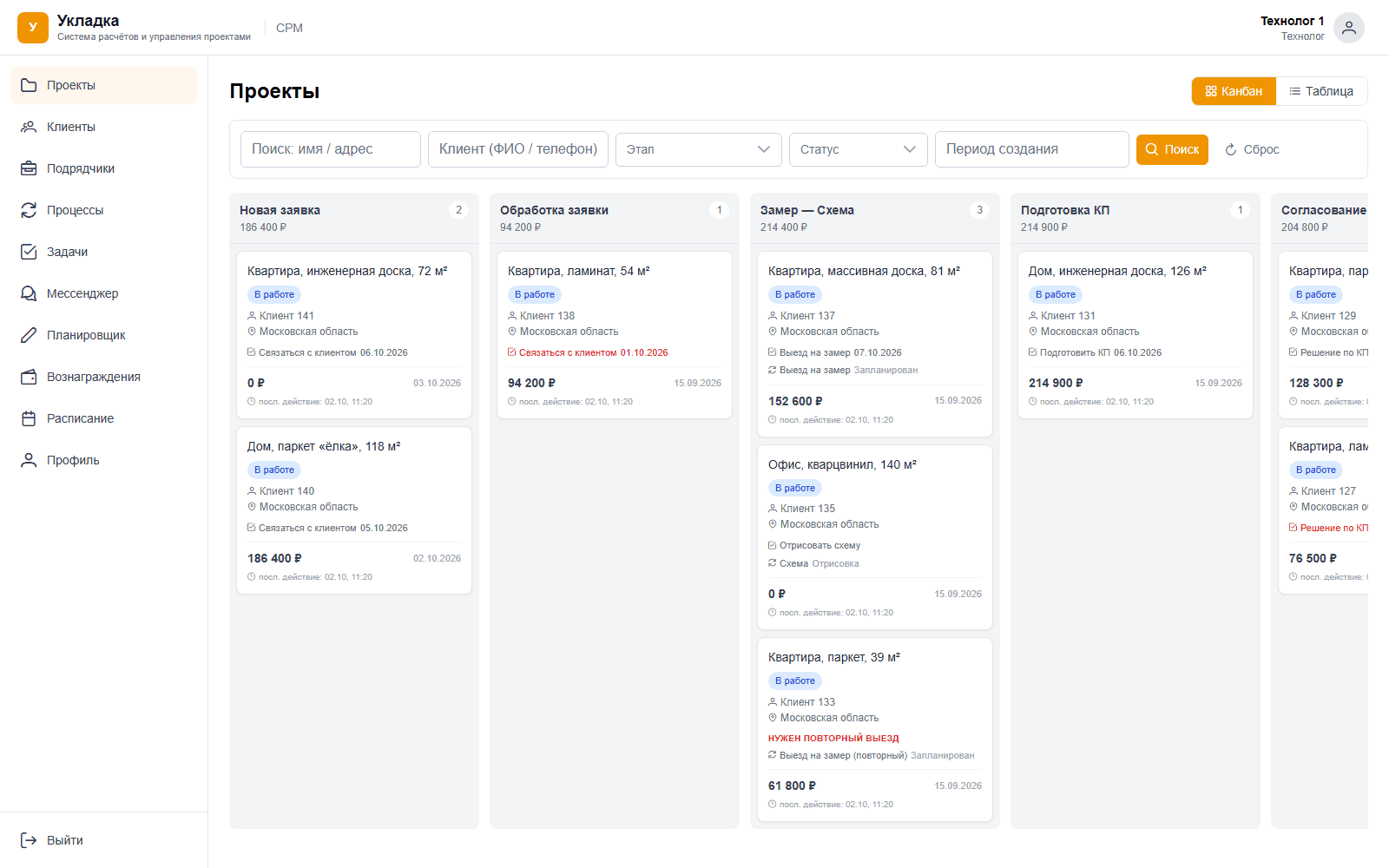 Канбан CRM: проекты укладки пола по этапам воронки с суммой и ближайшей задачей на карточке