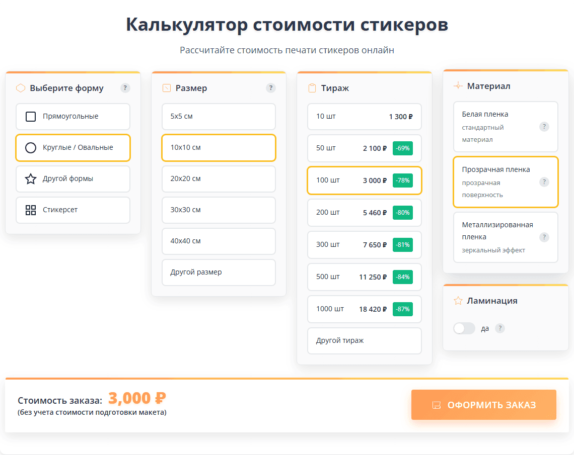 Калькулятор стоимости стикеров: форма, размер, тираж со скидками, материал и ламинация