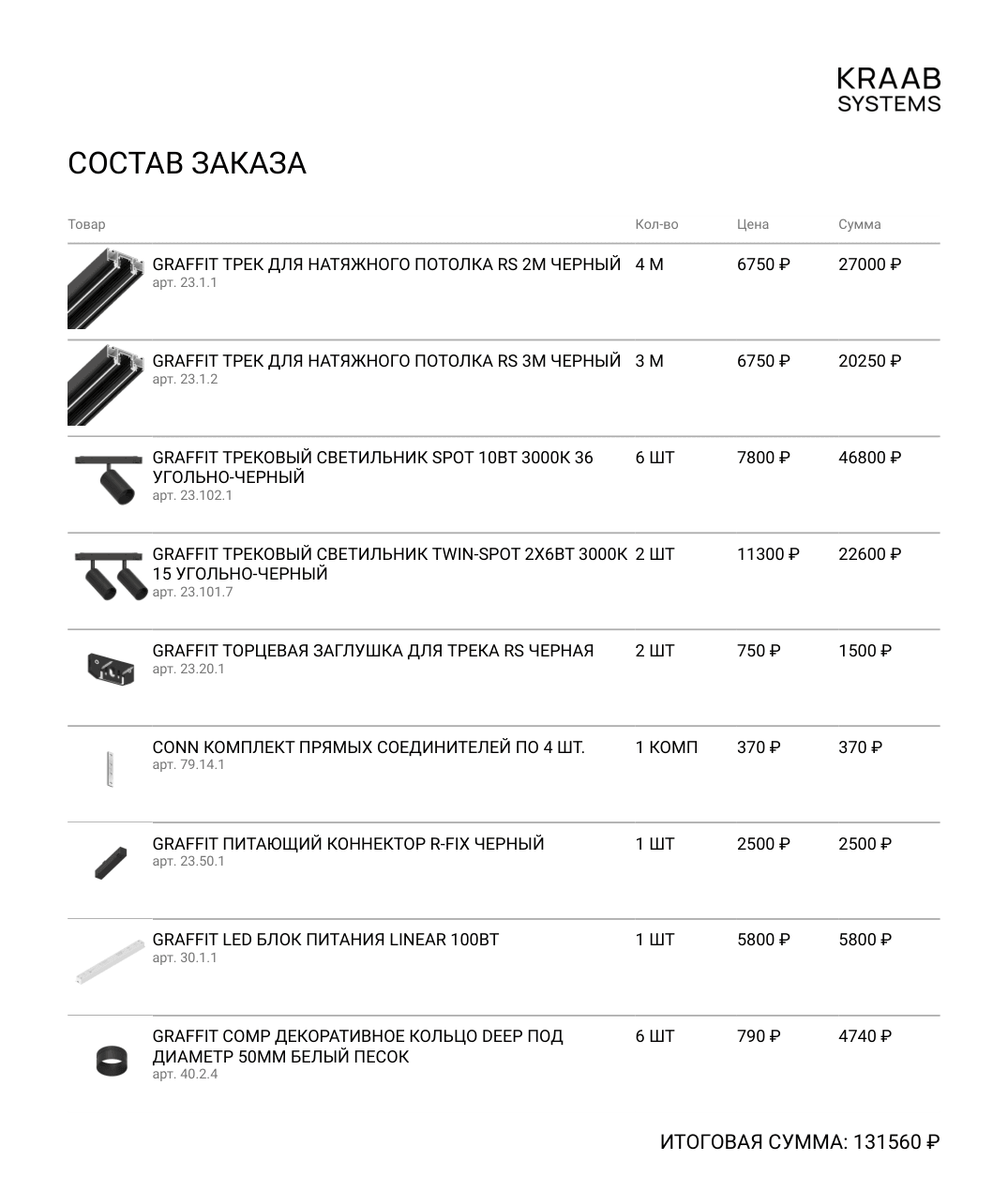 PDF «Состав заказа»: треки, светильники, заглушки, коннектор, блок питания и декоративные кольца с фото, артикулами, количеством, ценой и итоговой суммой