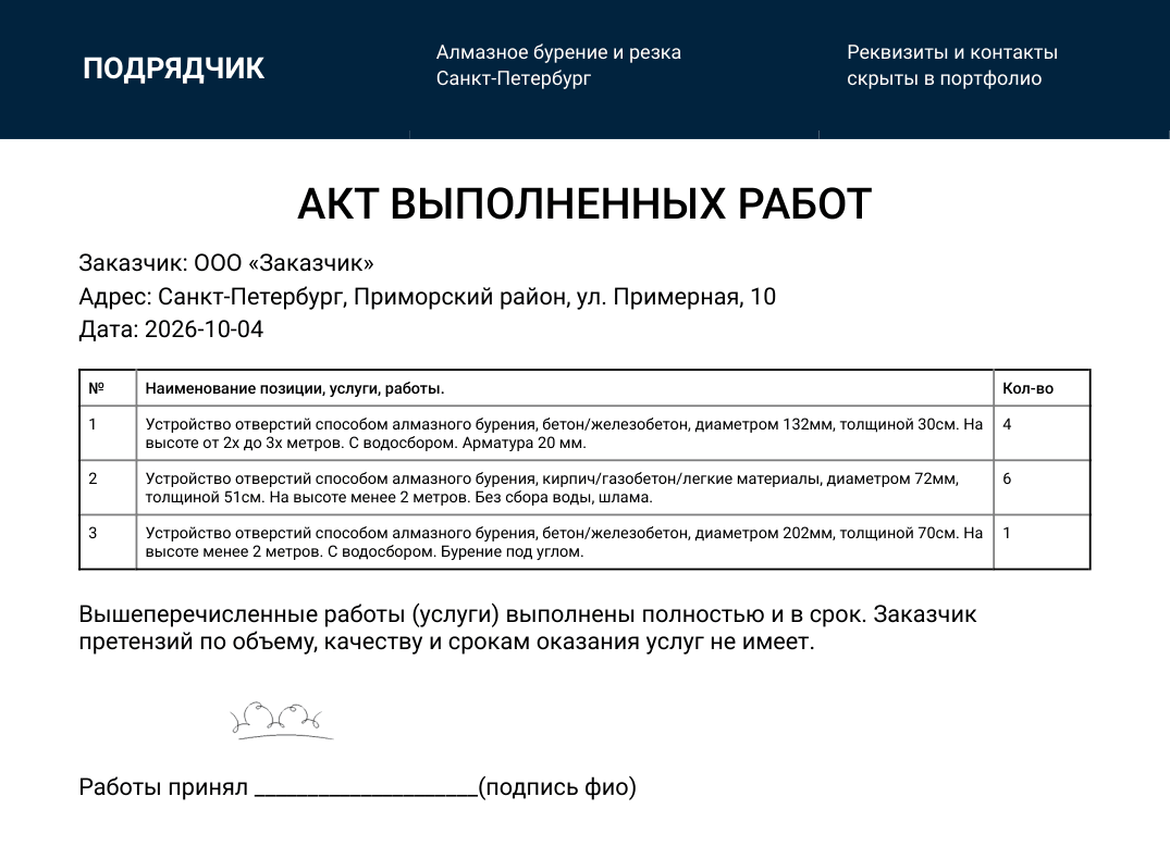 Акт выполненных работ в PDF: таблица работ с количеством, текст об отсутствии претензий и подпись клиента над строкой «Работы принял»